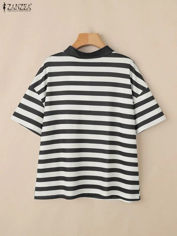 ZANZEA Women's Striped Blouse — Half Sleeve Stand Collar Office Top