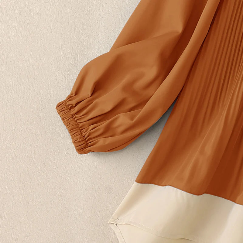 ZANZEA Women's Patchwork Blouse — Long Lantern Sleeve Pleated Work Shirt