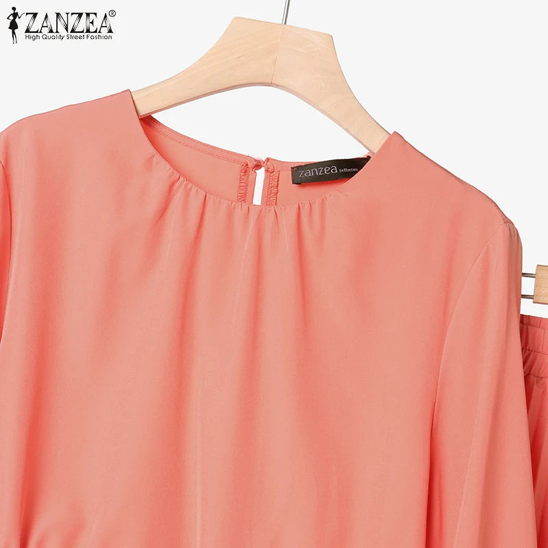 ZANZEA Women's 2-Piece Work Set — Long Sleeve Top & Pleated Maxi Skirt Outfit