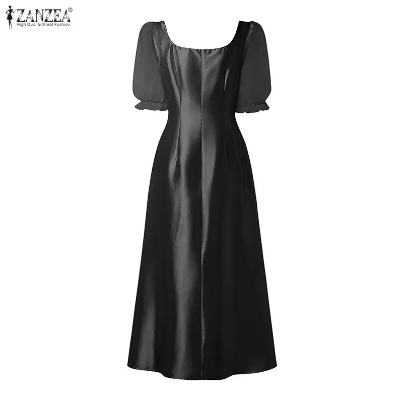 ZANZEA Women's Mesh Patchwork Party Dress — Square Neck Puff Sleeve Sundress