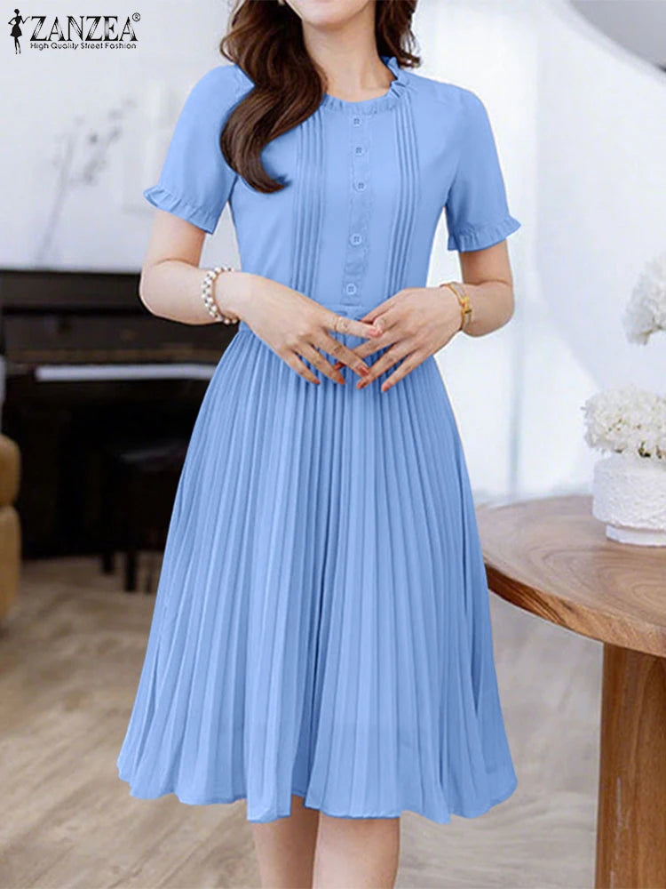 ZANZEA Women's Pleated Midi Dress — Short Sleeve O-Neck Office Sundress