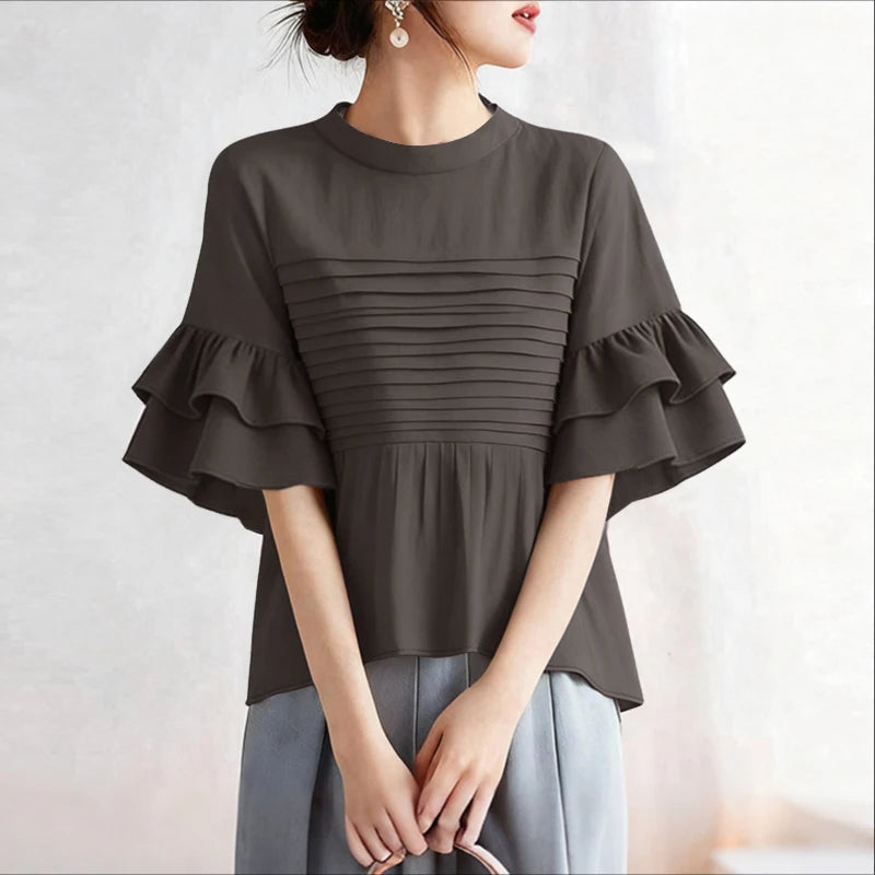 ZANZEA Women's Pleated Office Blouse — Short Sleeve O-Neck Holiday Tunic Top