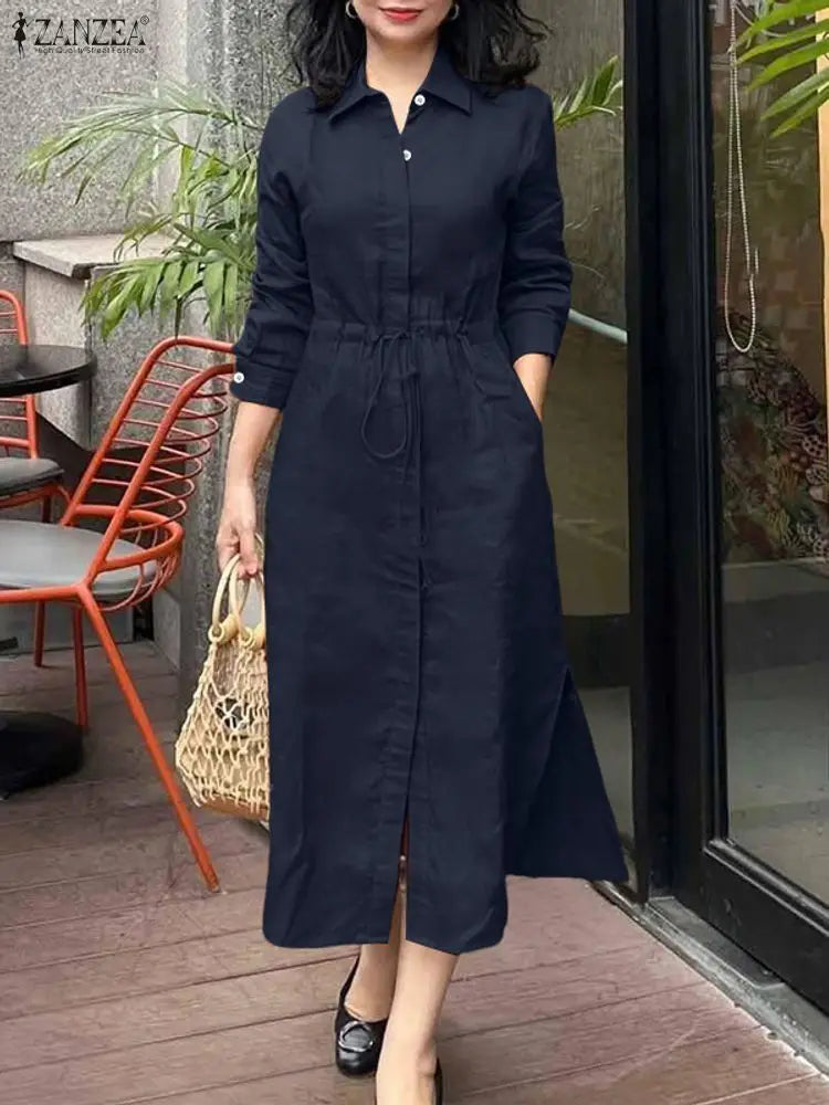 ZANZEA Women's Shirt Dress — Lapel Neck Long Sleeve Button Midi Work Dress