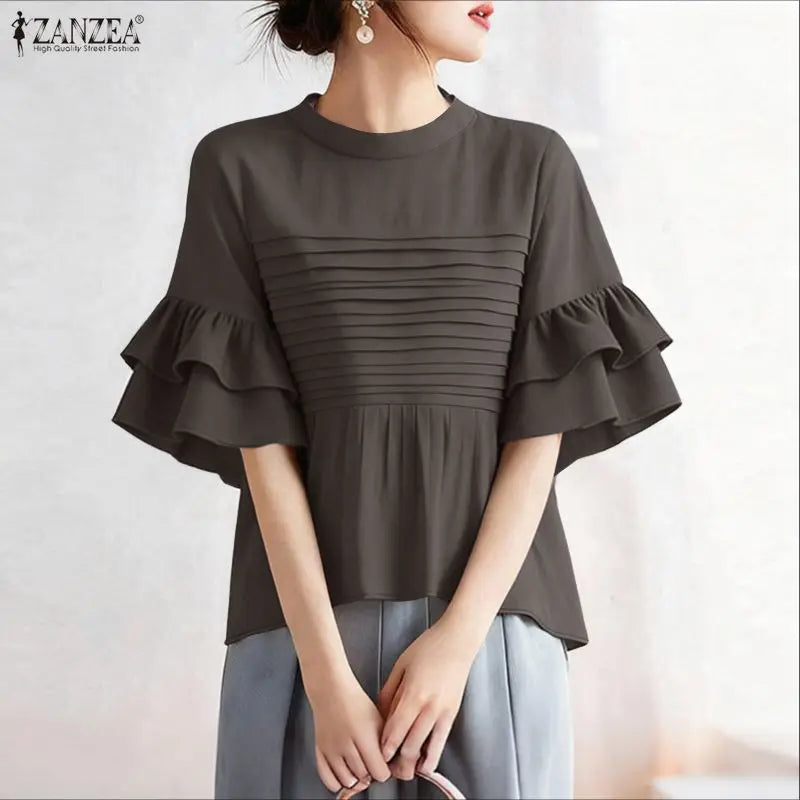 ZANZEA Women's Pleated Office Blouse — Short Sleeve O-Neck Holiday Tunic Top