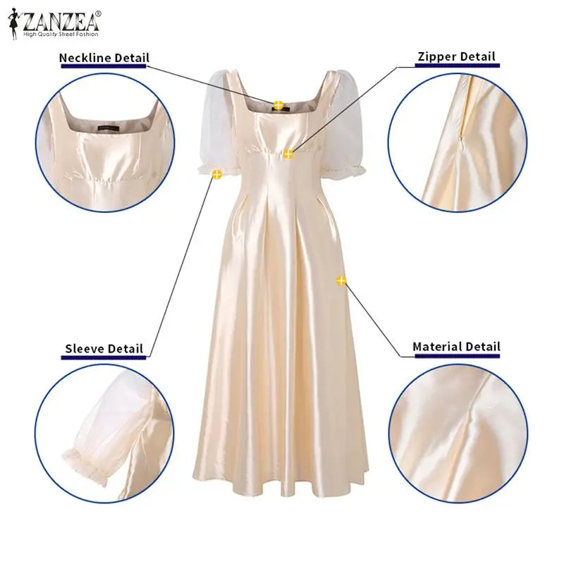 ZANZEA Women's Mesh Patchwork Party Dress — Square Neck Puff Sleeve Sundress