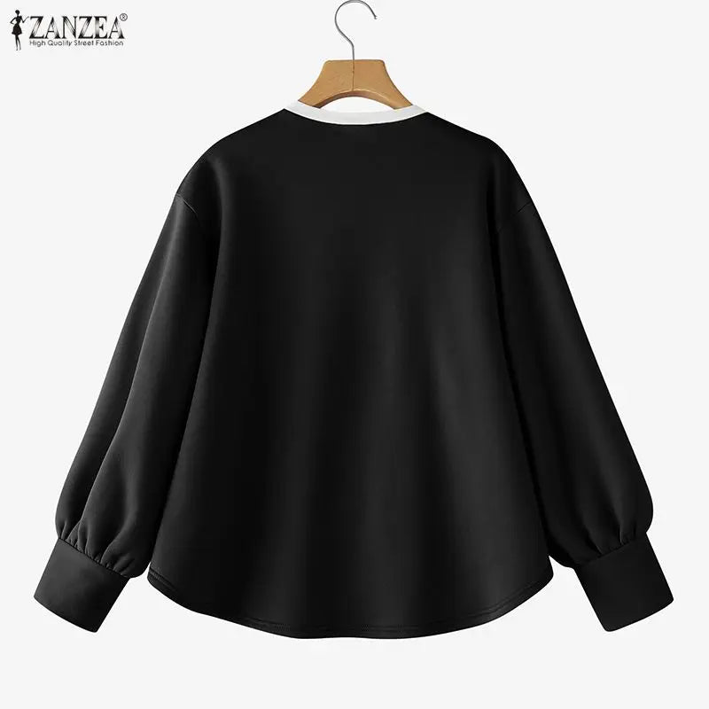 ZANZEA Women's Patchwork Sweatshirt — Fake 2-Piece Long Sleeve Pullover Top