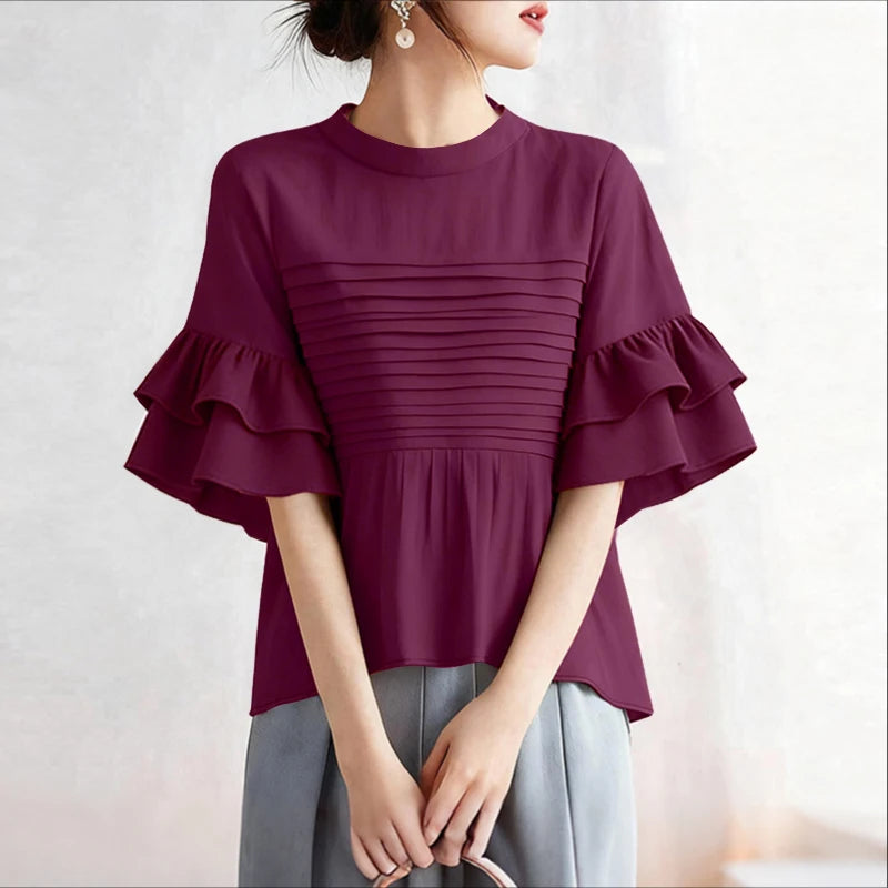 ZANZEA Women's Pleated Office Blouse — Short Sleeve O-Neck Holiday Tunic Top