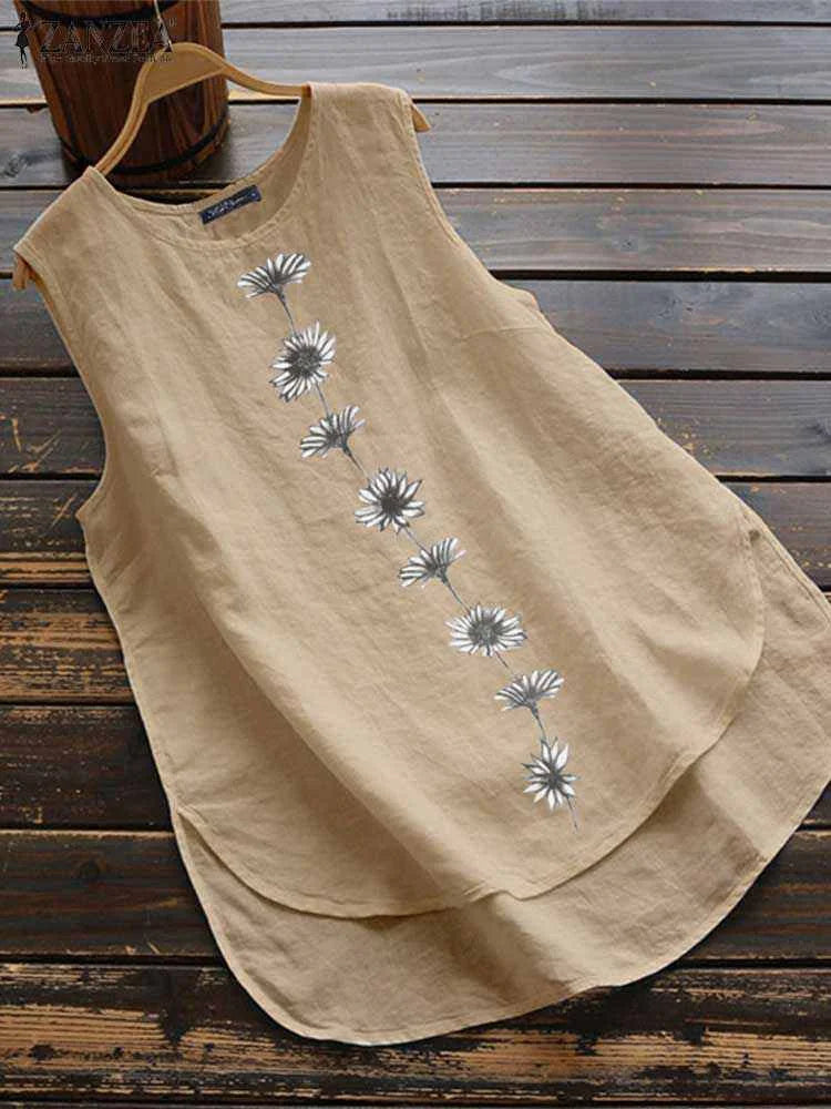 ZANZEA Women's Floral Print Tank Top — Sleeveless Cotton High-Low Blouse