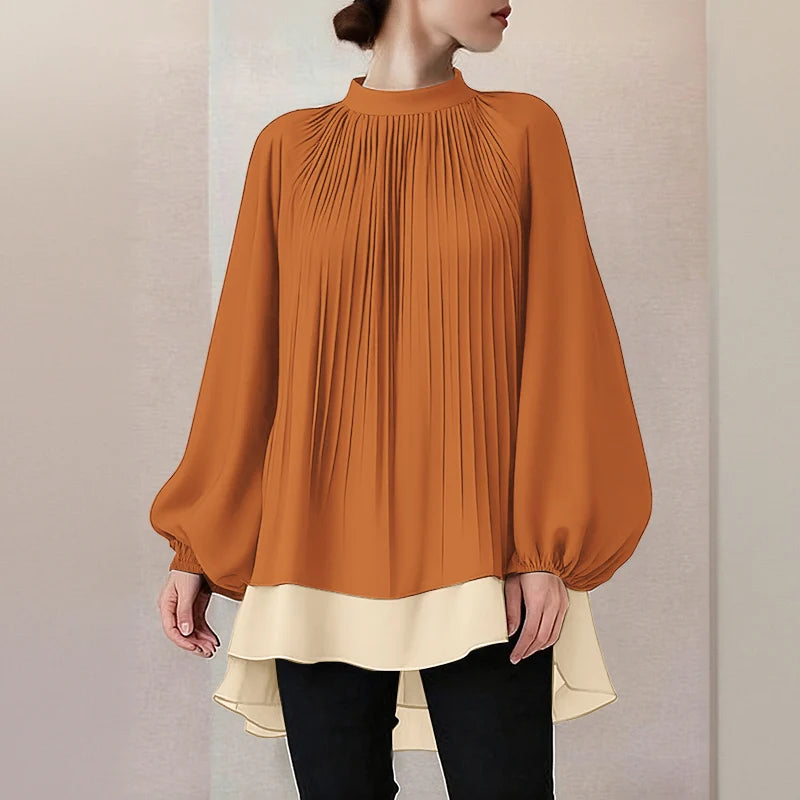 ZANZEA Women's Patchwork Blouse — Long Lantern Sleeve Pleated Work Shirt
