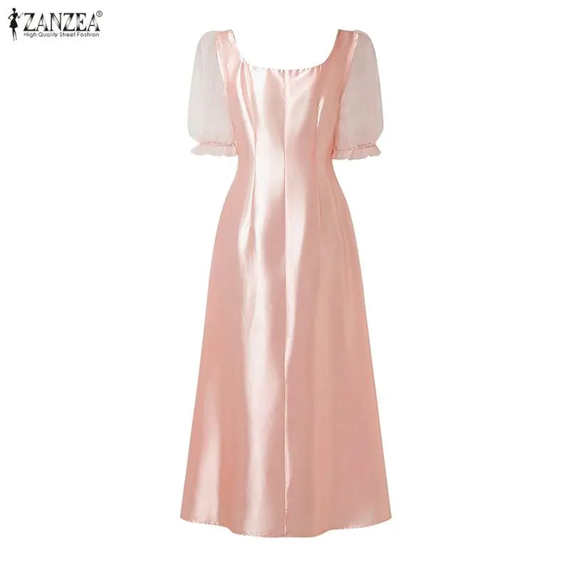 ZANZEA Women's Mesh Patchwork Party Dress — Square Neck Puff Sleeve Sundress