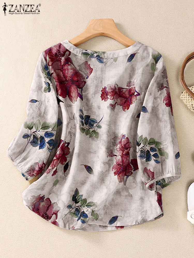 ZANZEA Women's Floral Bohemian Blouse — 3/4 Sleeve Tunic Beach Holiday Top