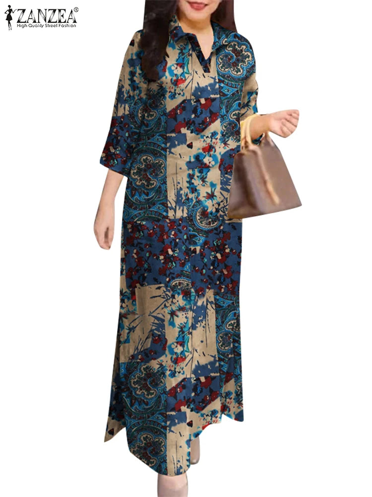 ZANZEA Women's Floral Maxi Shirt Dress — 3/4 Sleeve Cotton Boho Sundress