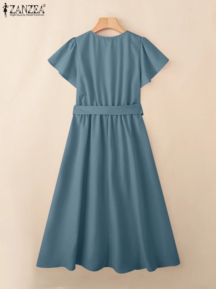 ZANZEA Women's Pleated Midi Dress — V-Neck Puff Sleeve Belted Sundress