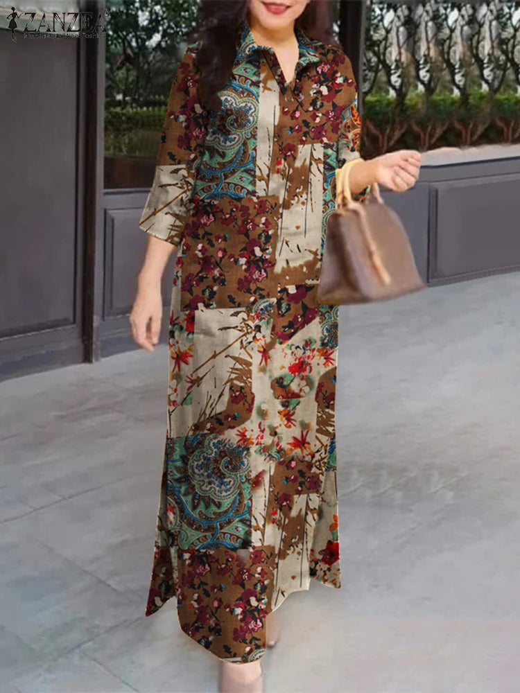 ZANZEA Women's Floral Maxi Shirt Dress — 3/4 Sleeve Cotton Boho Sundress