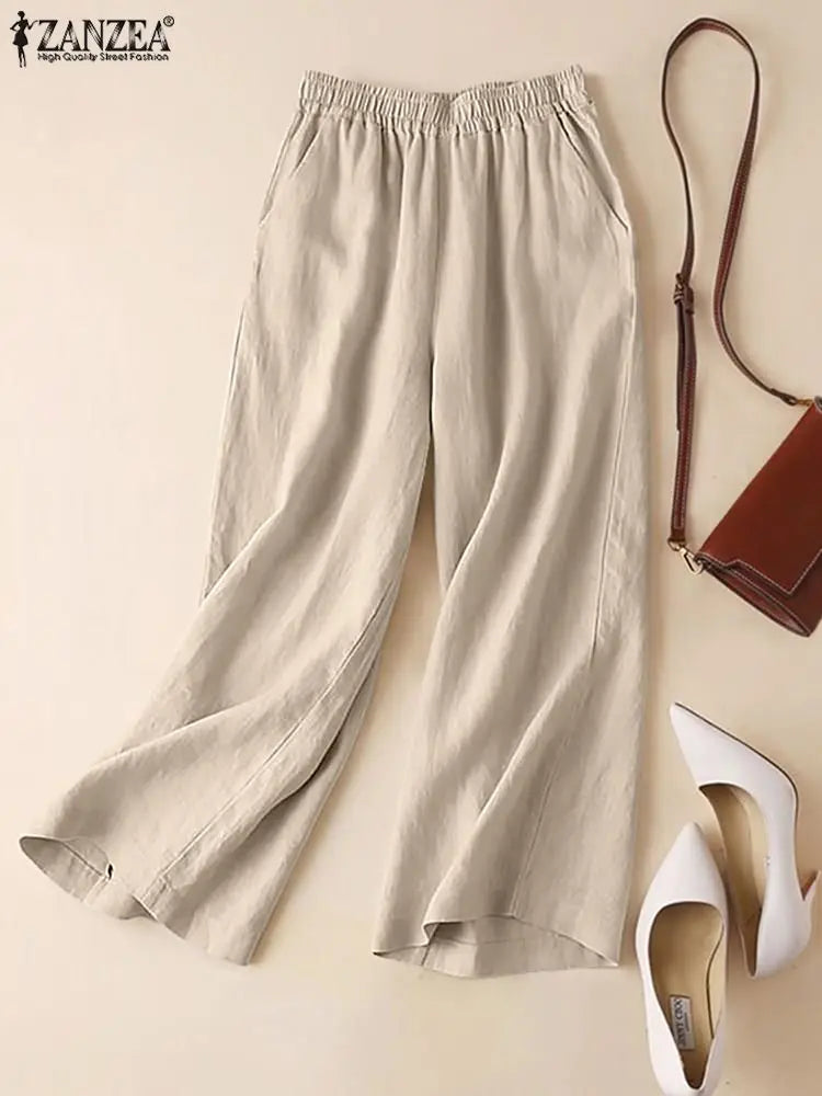 ZANZEA Women's Wide Leg Palazzo Pants — Elastic Waist Cotton Trousers