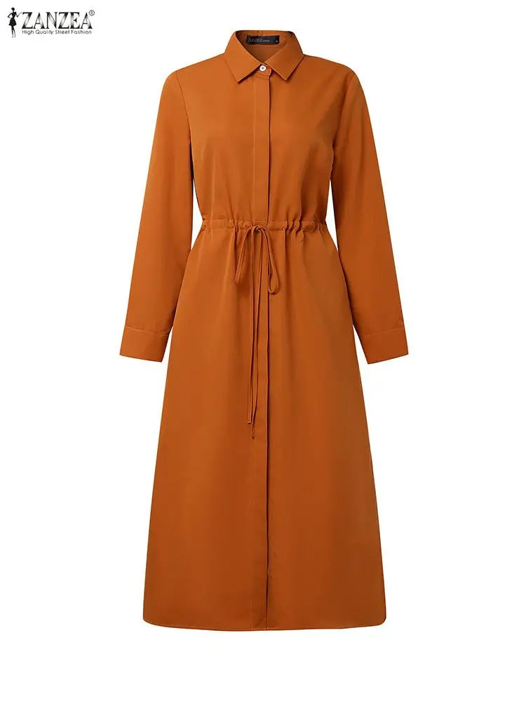 ZANZEA Women's Shirt Dress — Lapel Neck Long Sleeve Button Midi Work Dress