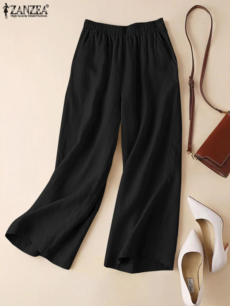 ZANZEA Women's Wide Leg Palazzo Pants — Elastic Waist Cotton Trousers