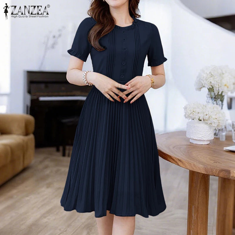 ZANZEA Women's Pleated Midi Dress — Short Sleeve O-Neck Office Sundress