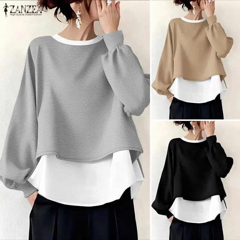 ZANZEA Women's Patchwork Sweatshirt — Fake 2-Piece Long Sleeve Pullover Top