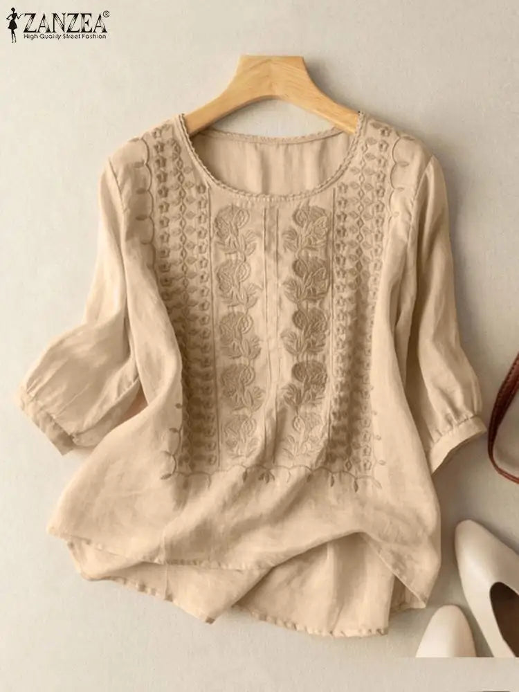 ZANZEA Women's Lace Crochet Blouse — 3/4 Puff Sleeve Embroidered Cotton Top