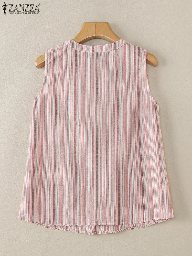 ZANZEA Women's Striped Button-Down Tank Top — Sleeveless V-Neck Cami Shirt