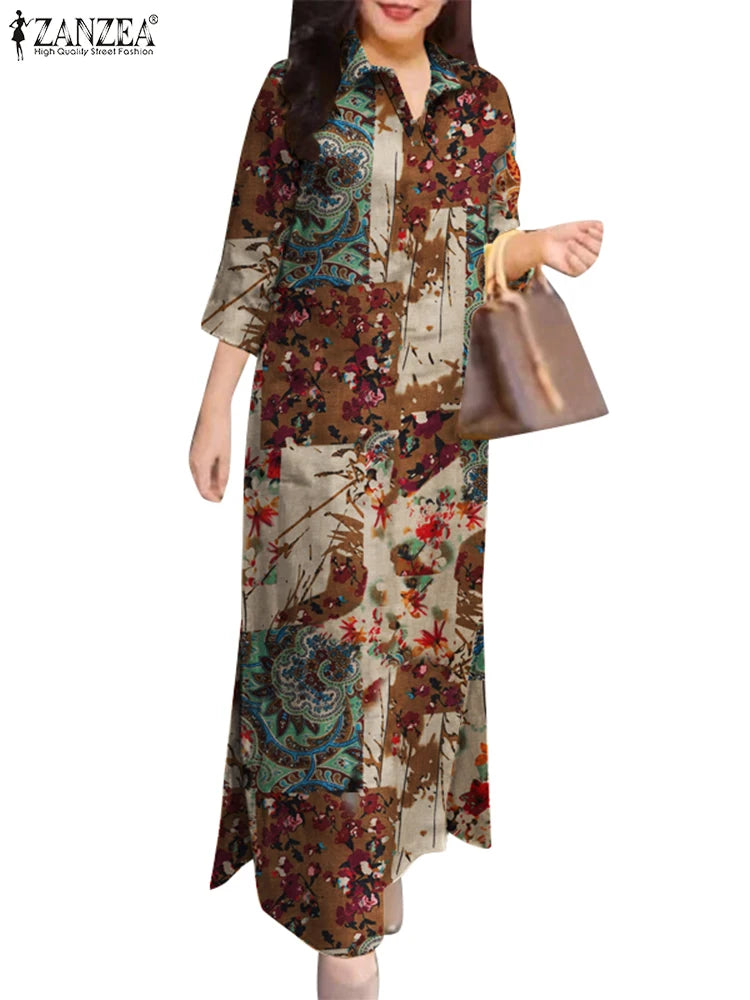 ZANZEA Women's Floral Maxi Shirt Dress — 3/4 Sleeve Cotton Boho Sundress