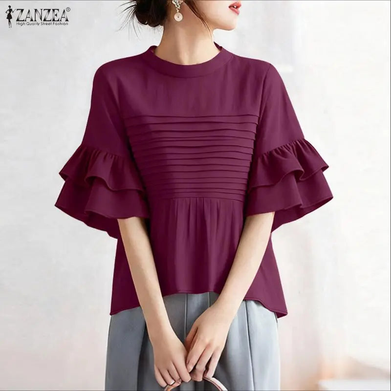 ZANZEA Women's Pleated Office Blouse — Short Sleeve O-Neck Holiday Tunic Top