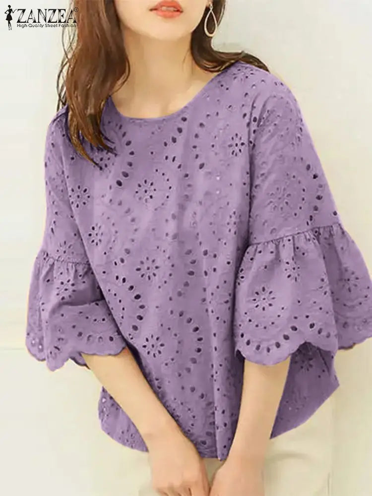 ZANZEA Women's Lace Crochet Blouse — 3/4 Sleeve Hollow Out Embroidery Work Top