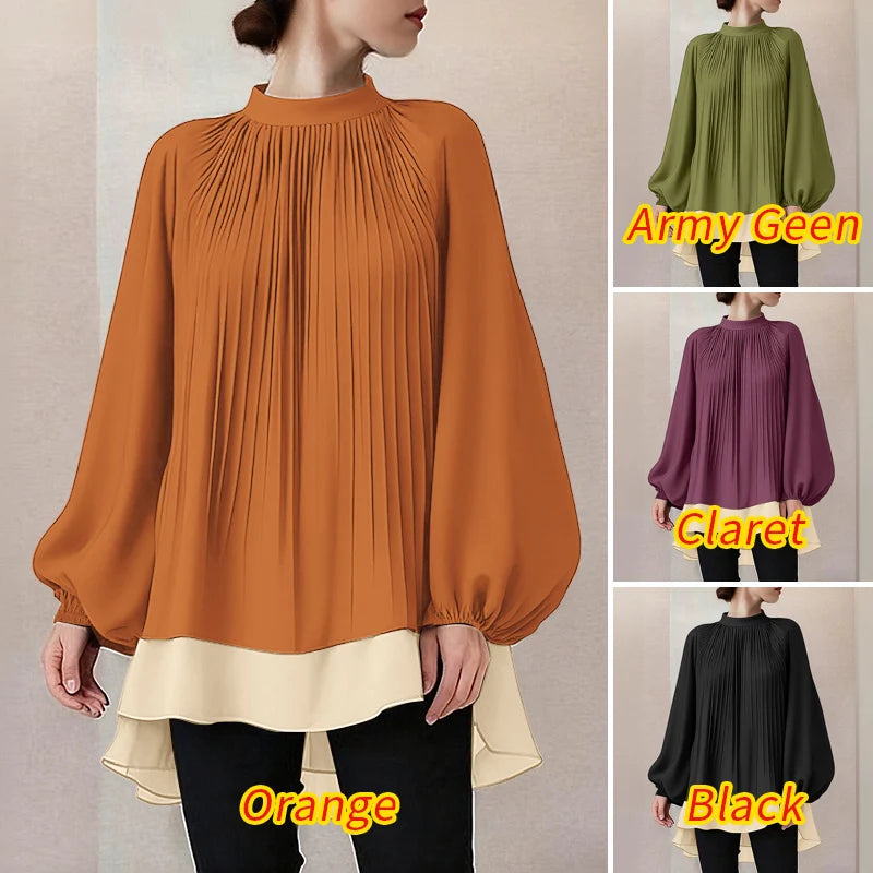 ZANZEA Women's Patchwork Blouse — Long Lantern Sleeve Pleated Work Shirt