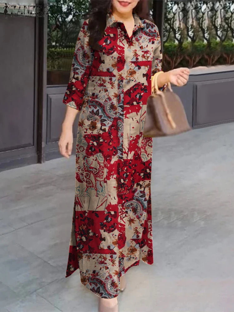 ZANZEA Women's Floral Maxi Shirt Dress — 3/4 Sleeve Cotton Boho Sundress