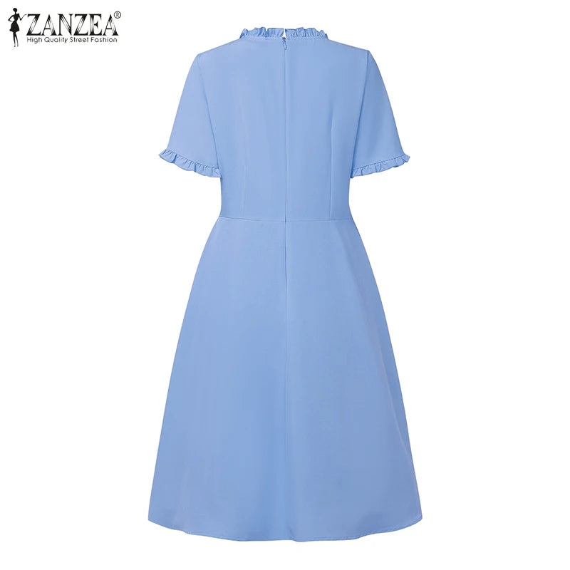 ZANZEA Women's Pleated Midi Dress — Short Sleeve O-Neck Office Sundress