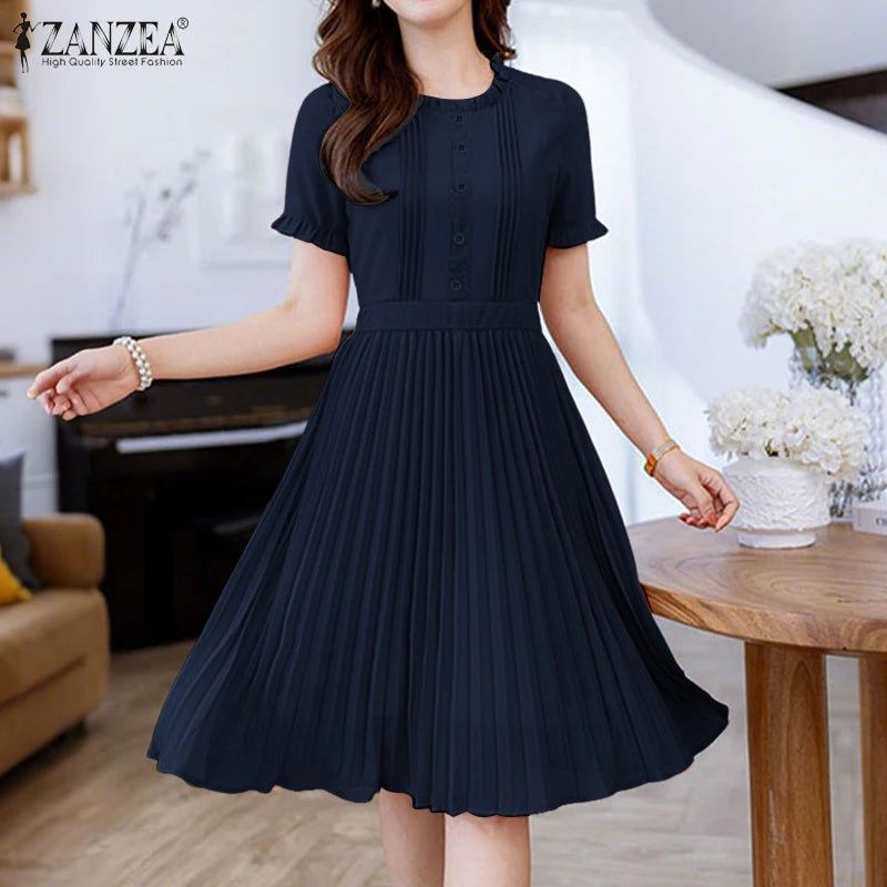 ZANZEA Women's Pleated Midi Dress — Short Sleeve O-Neck Office Sundress