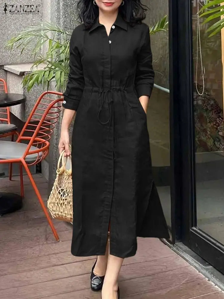 ZANZEA Women's Shirt Dress — Lapel Neck Long Sleeve Button Midi Work Dress