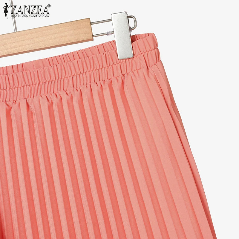 ZANZEA Women's 2-Piece Work Set — Long Sleeve Top & Pleated Maxi Skirt Outfit