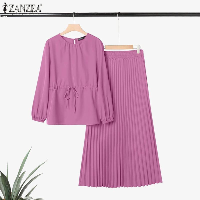 ZANZEA Women's 2-Piece Work Set — Long Sleeve Top & Pleated Maxi Skirt Outfit