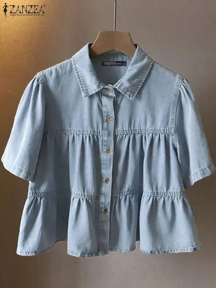 ZANZEA Women's Denim Blouse — Lapel Neck Short Sleeve Ruffled Holiday Shirt