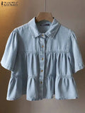 ZANZEA Women's Denim Blouse — Lapel Neck Short Sleeve Ruffled Holiday Shirt