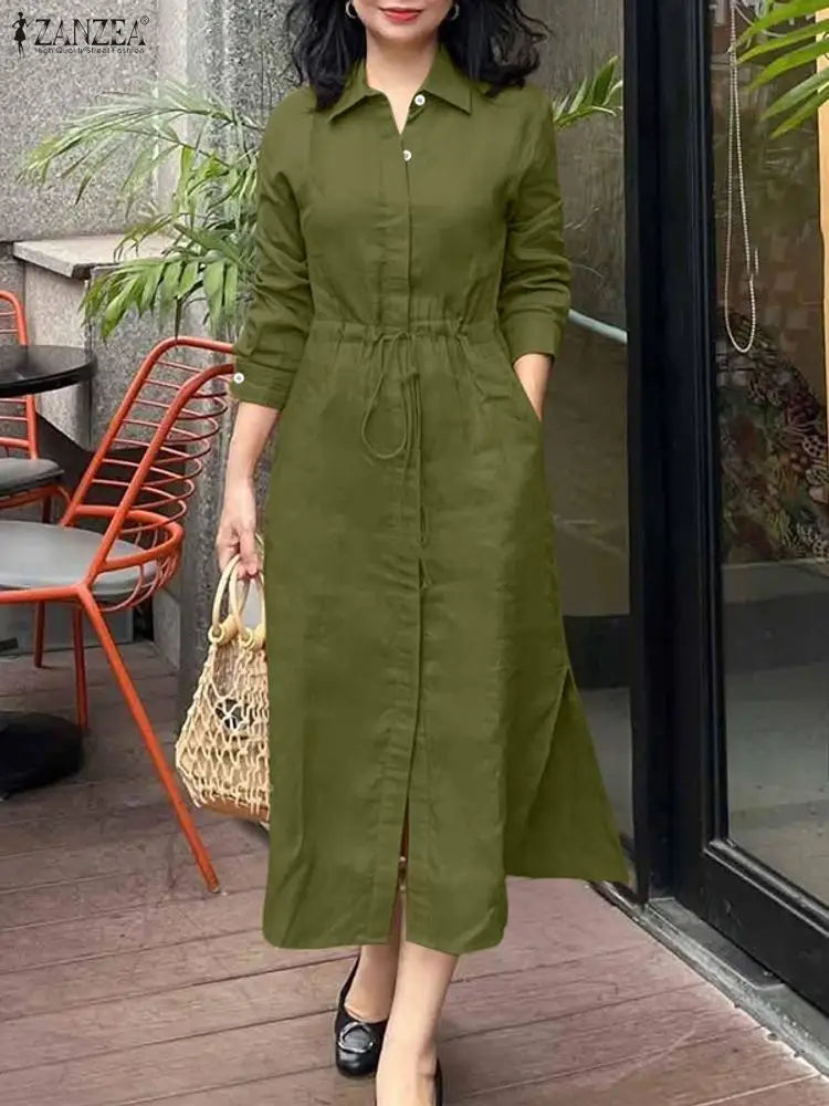 ZANZEA Women's Shirt Dress — Lapel Neck Long Sleeve Button Midi Work Dress