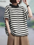 ZANZEA Women's Striped Blouse — Half Sleeve Stand Collar Office Top