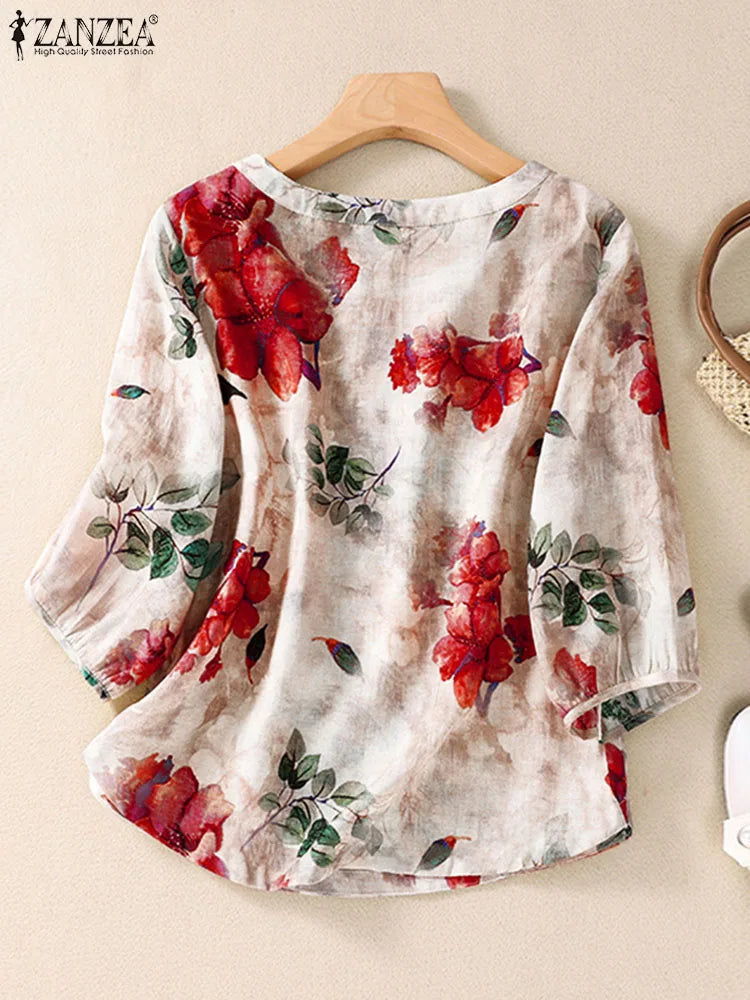 ZANZEA Women's Floral Bohemian Blouse — 3/4 Sleeve Tunic Beach Holiday Top
