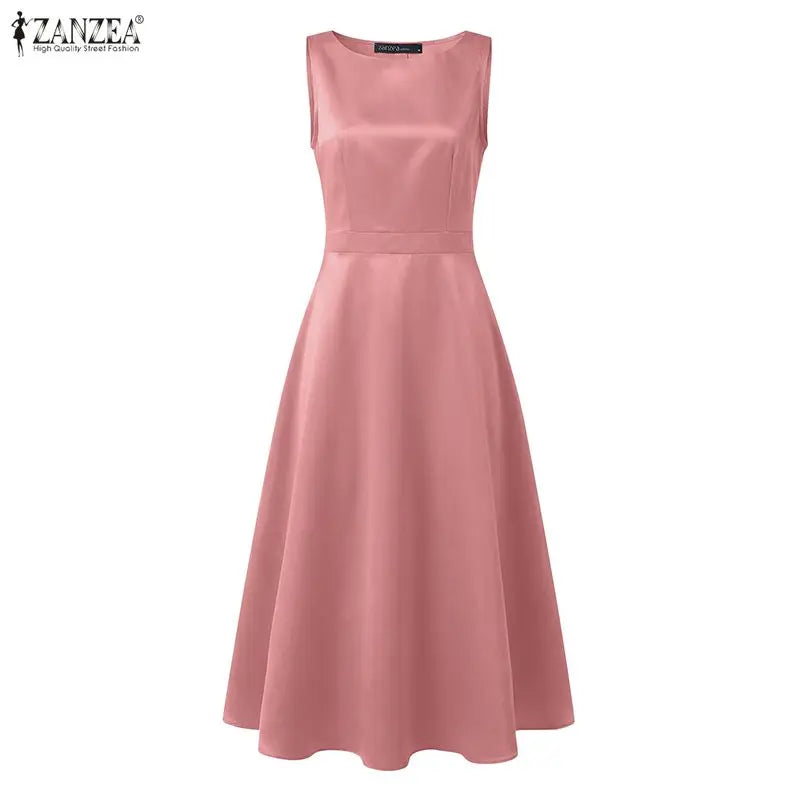 ZANZEA Women's Satin Midi Dress — Sleeveless A-Line Elegant Work Sundress
