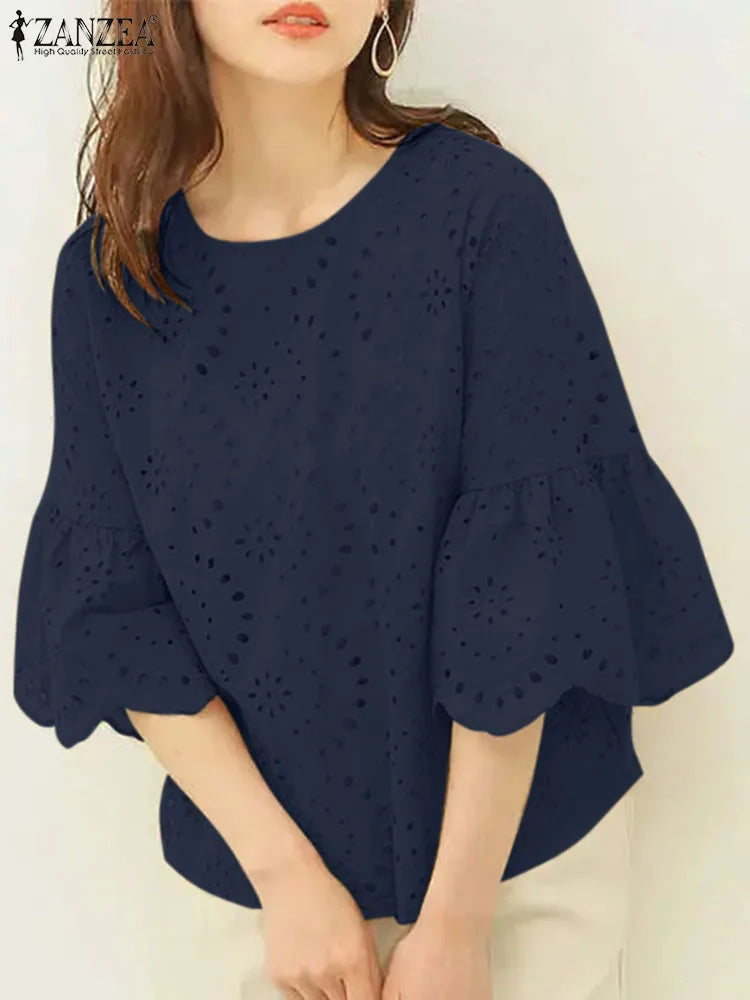 ZANZEA Women's Lace Crochet Blouse — 3/4 Sleeve Hollow Out Embroidery Work Top