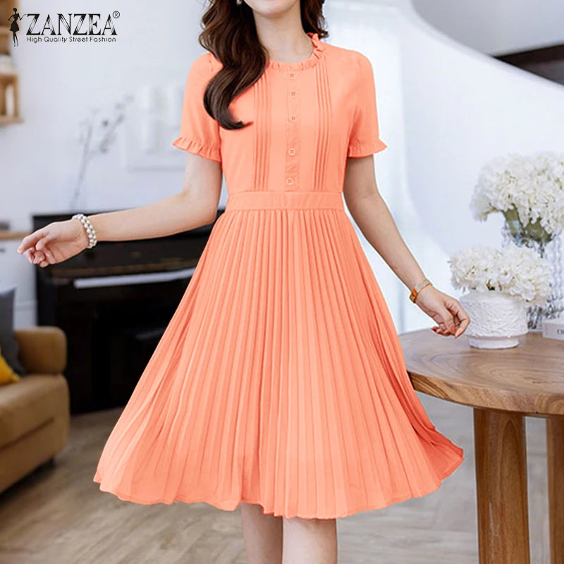 ZANZEA Women's Pleated Midi Dress — Short Sleeve O-Neck Office Sundress