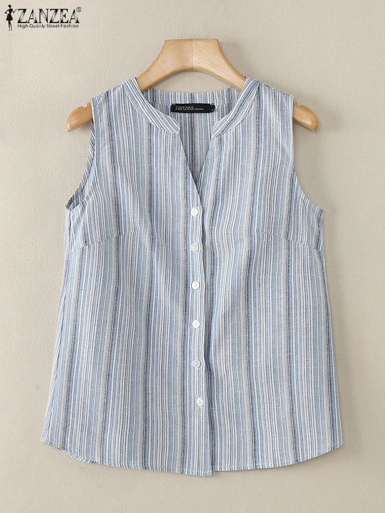 ZANZEA Women's Striped Button-Down Tank Top — Sleeveless V-Neck Cami Shirt