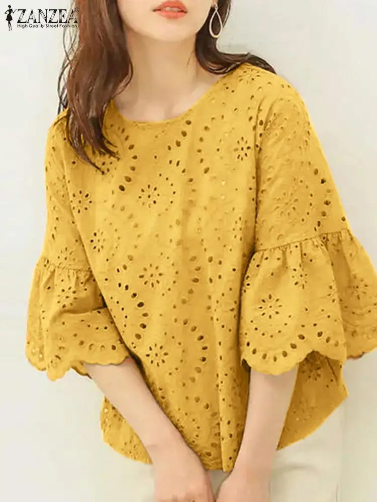 ZANZEA Women's Lace Crochet Blouse — 3/4 Sleeve Hollow Out Embroidery Work Top
