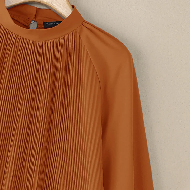 ZANZEA Women's Patchwork Blouse — Long Lantern Sleeve Pleated Work Shirt