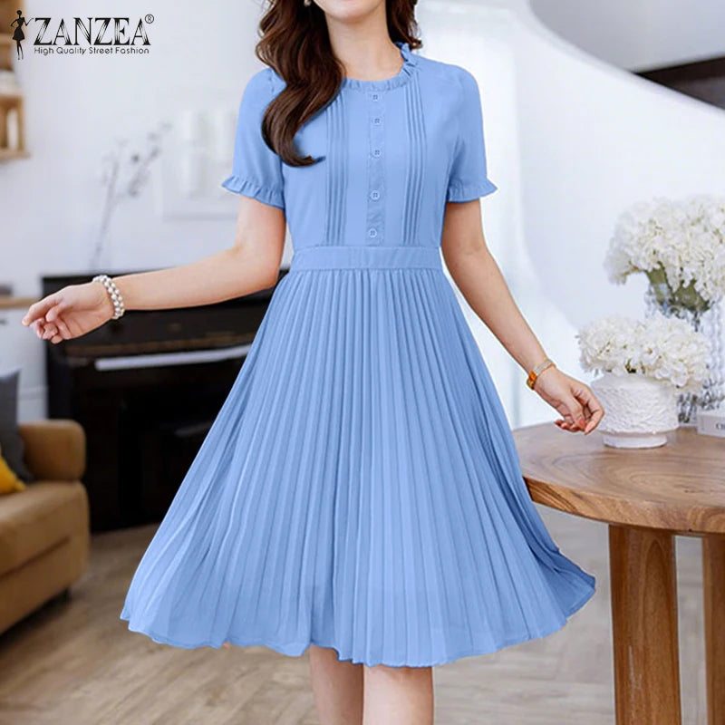 ZANZEA Women's Pleated Midi Dress — Short Sleeve O-Neck Office Sundress
