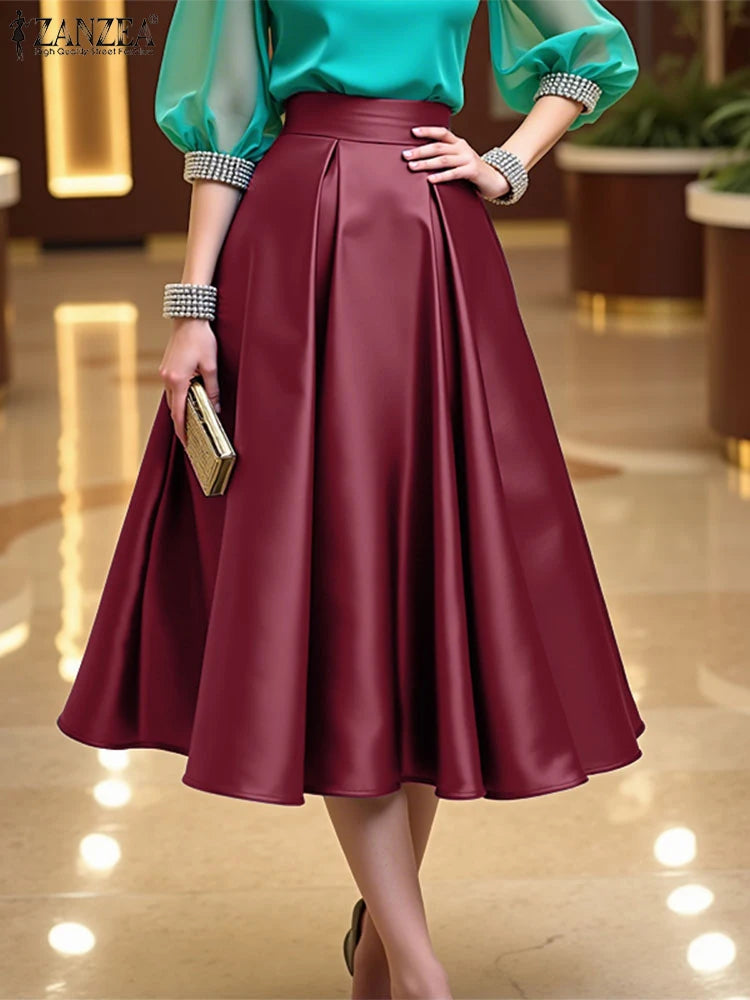 ZANZEA Women's Satin Midi Skirt — High Waist A-Line Elegant Party Skirt