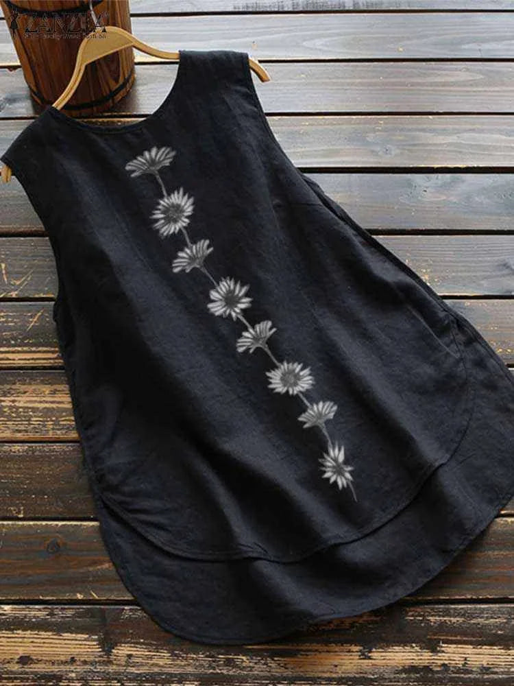 ZANZEA Women's Floral Print Tank Top — Sleeveless Cotton High-Low Blouse