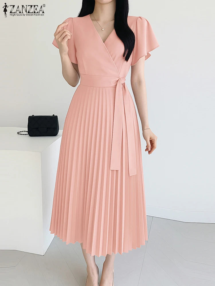 ZANZEA Women's Pleated Midi Dress — V-Neck Puff Sleeve Belted Sundress